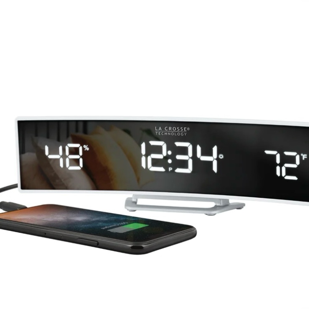 La Crosse Technology Curved Mirror LED Alarm Clock  Indoor Temp USB Charger
